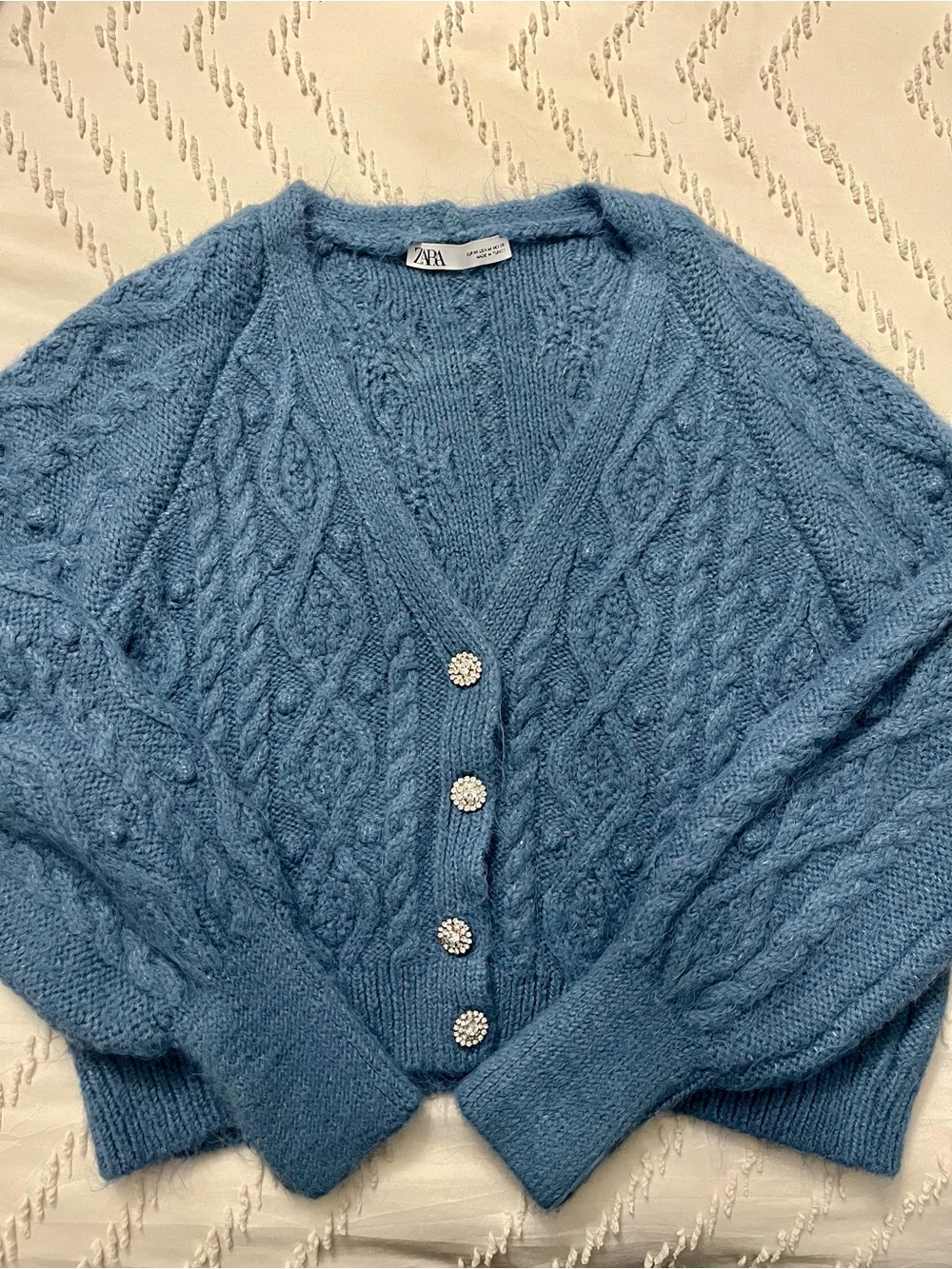 Zara Light Blue Cable Knit Cardigan with Rhinestone Buttons Medium